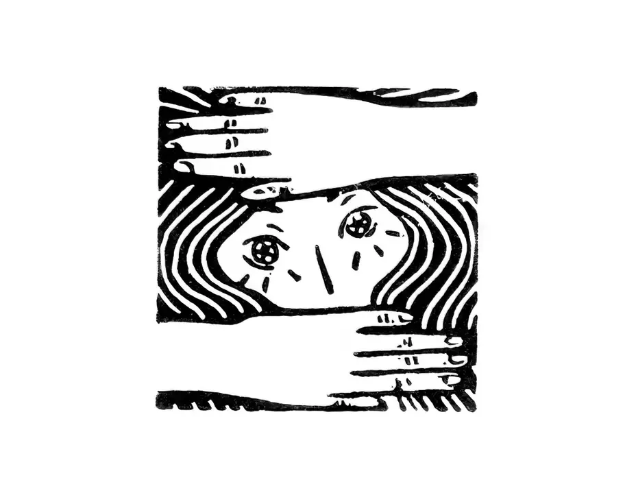 linogravure carré noir et blanc, femme, transe, envoutement, sort, sorcellerie, magie, main, illustration, yeux, regard
