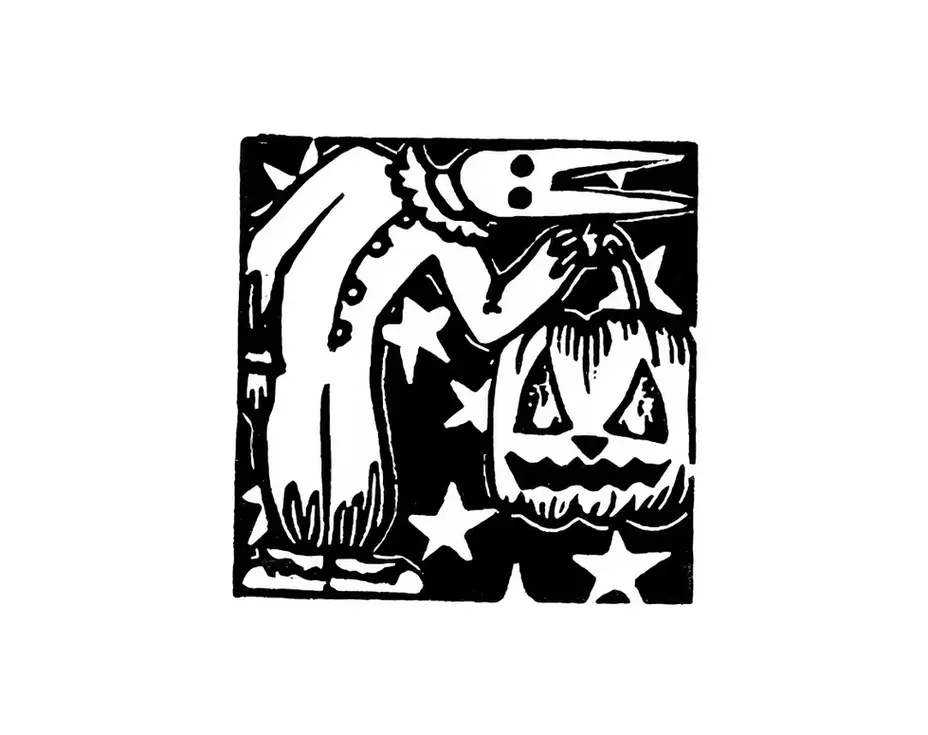 Linogravure carré noir et blanc, halloween, samhain, déguisement, enfant, citrouille, nuit, octobre, trick or treat, diable, illustration jeunesse, spooky, peur