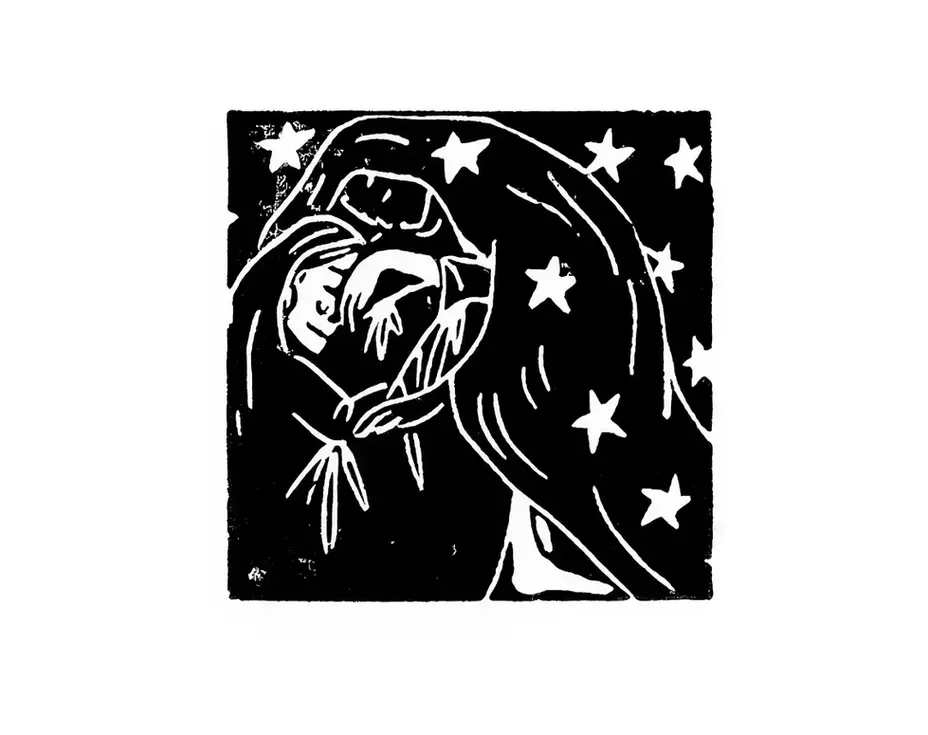 linogravure carré noir et blanc, défunt, deuil, consolation, fantôme, âme, perte, tristesse, nostaligie, mélancolie, larme, étreinte, tendresse, décès, illustration