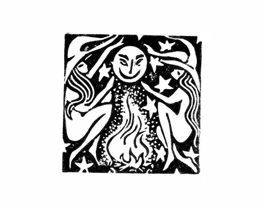 linogravure carré noir et blanc, sorcières, sabbat, femmes, nuit, lune, feu, incantation, sorcellerie, magie, diable, créature, chapeaux