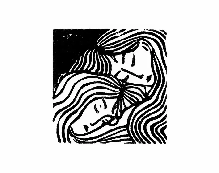 Linogravure carré noir et blanc, femmes, soeurs, sororité, sieste, étreinte, tendresse, endormie, câlin, complicité, intimité, illustration