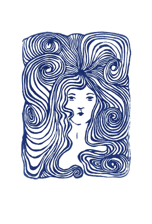 Portrait femme cheveux bouclé ondulé arabesque bleu