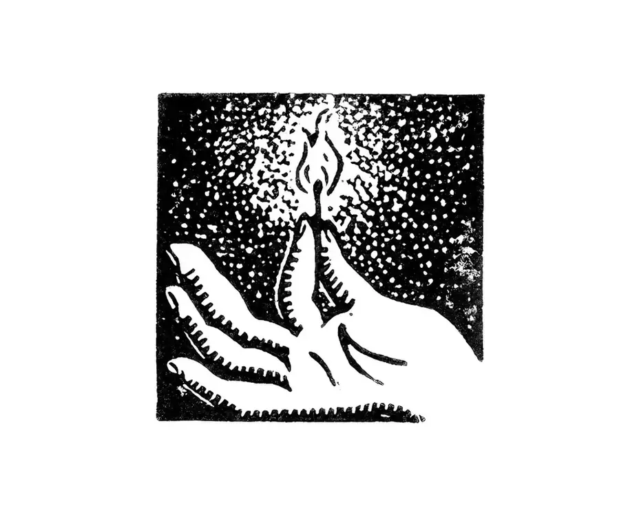linogravure carré noir et blanc, main, allumette, feu, lumière, noir, sombre, crépitement, éclat, illustration
