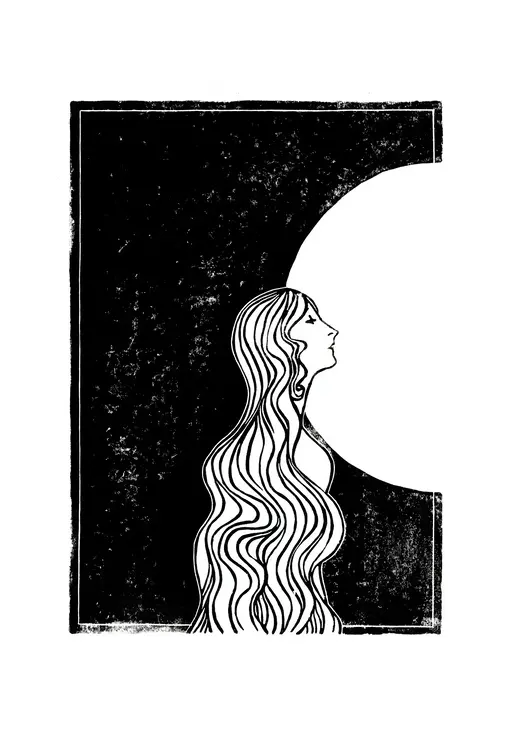 Portrait femme profil lune noir et blanc cheveux long