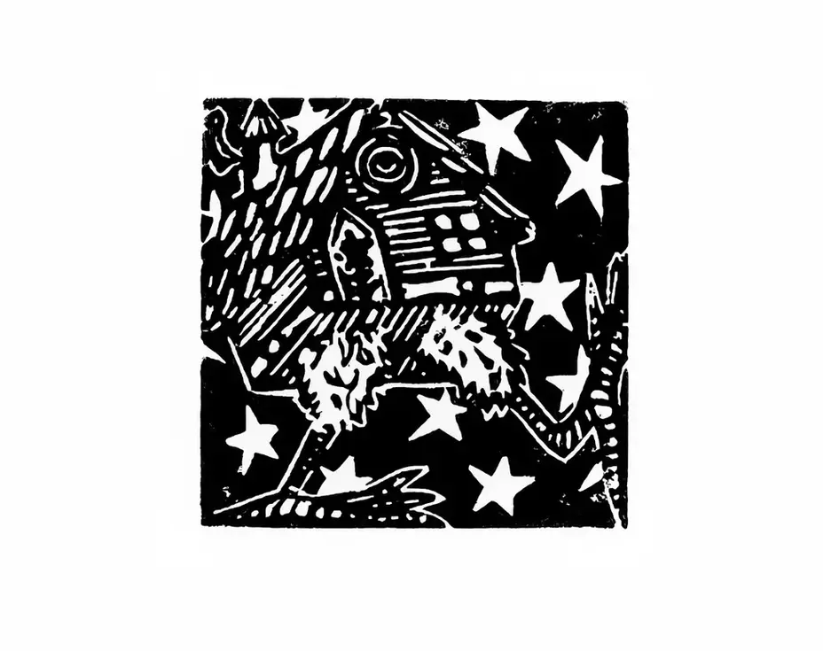 linogravure carré noir et blanc, maison baba yaga, magie, sorcellerie, sorcière, conte, légende, illustration, nuit, folklore, étoile, pâtes de poulet, maison ambulante, chalet, cabane, chaumière, sort