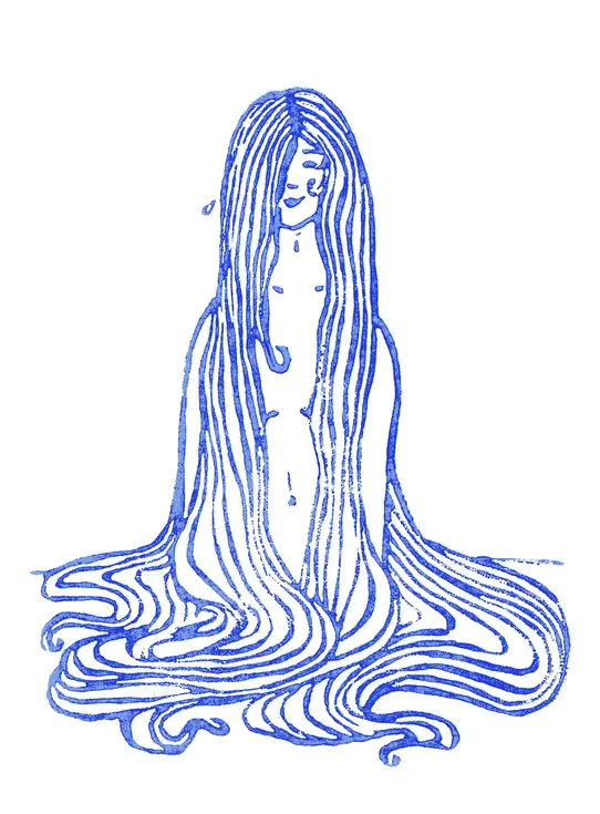 Portrait femme cheveux bouclé ondulé arabesque bleu eau