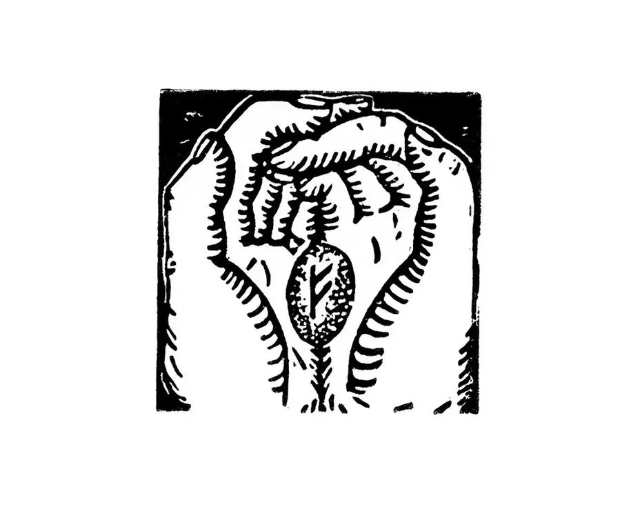 linogravure carré noir et blanc, mains, pierre, cailloux, rune, fehu, chance, fortune, abondance, prospérité, divination, tirage, symbole, celte, mythologie, tradition