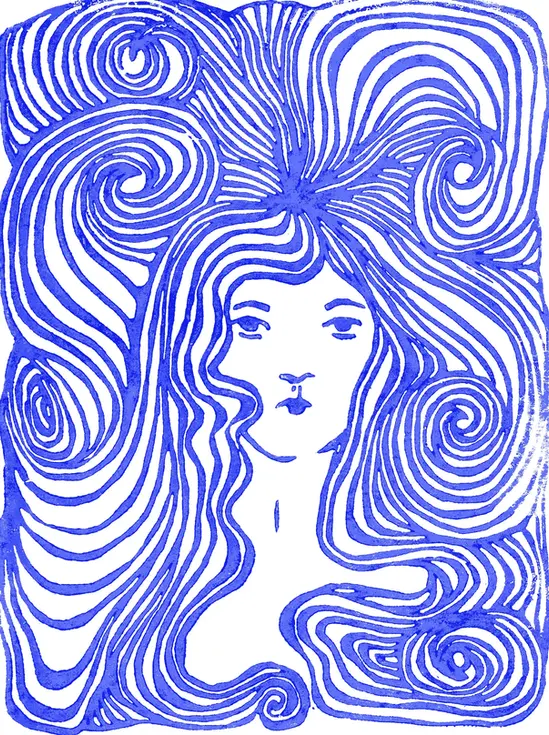 Portrait femme cheveux bouclé ondulé arabesque bleu