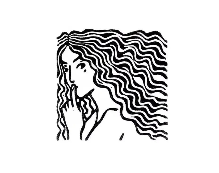 Linogravure carré noir et blanc, femme, silence, regard, cheveux bouclés, vague, ondulation