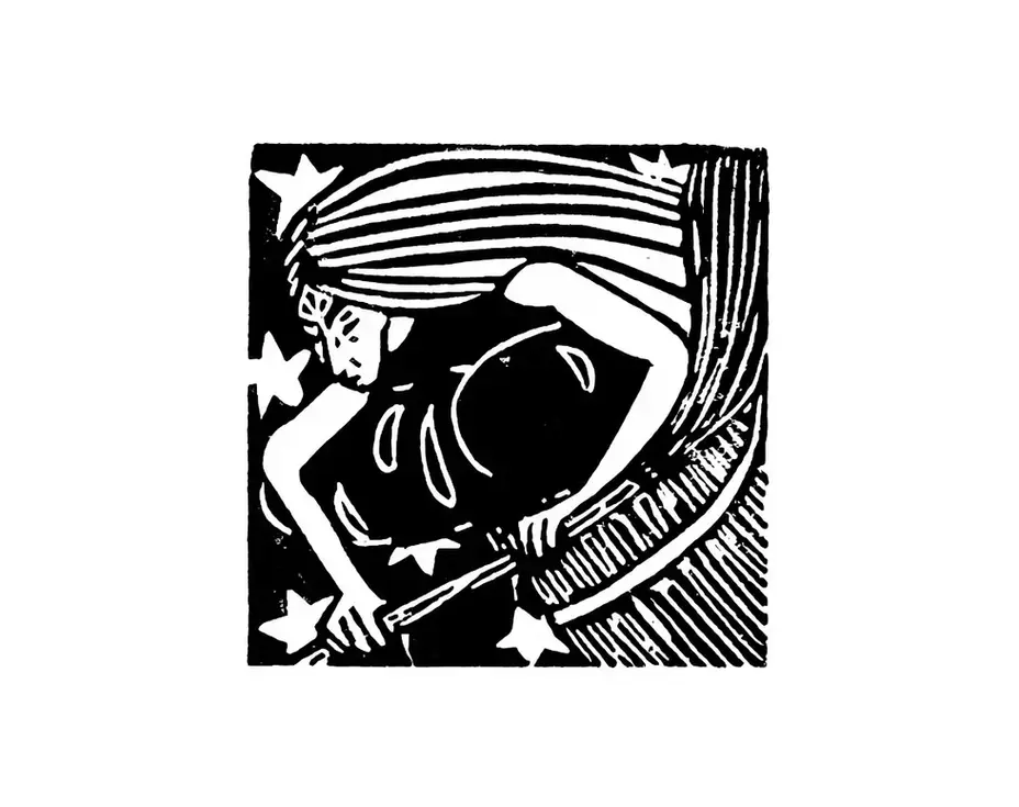Linogravure carré noir et blanc, baba yaga, sorcière, balais, nuit, sort, conte, illustration jeunesse, fantastique, magie, merveilleux, légende, littérature