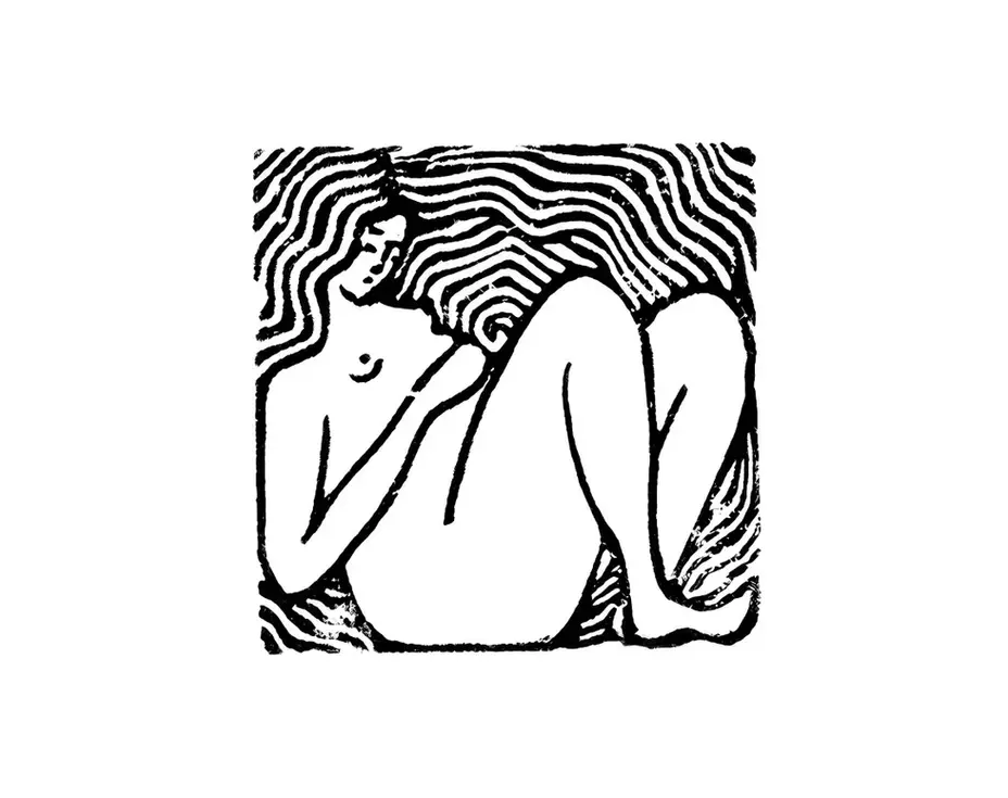 linogravure carré noir et blanc, femme enceinte, vie, spirale, cheveux, maternité, mère, enfant, illustration