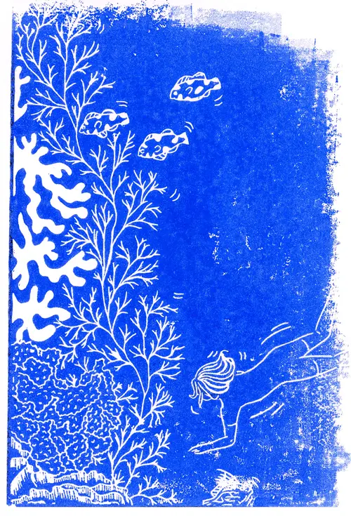 linogravure nageuse fond marin poissons algues