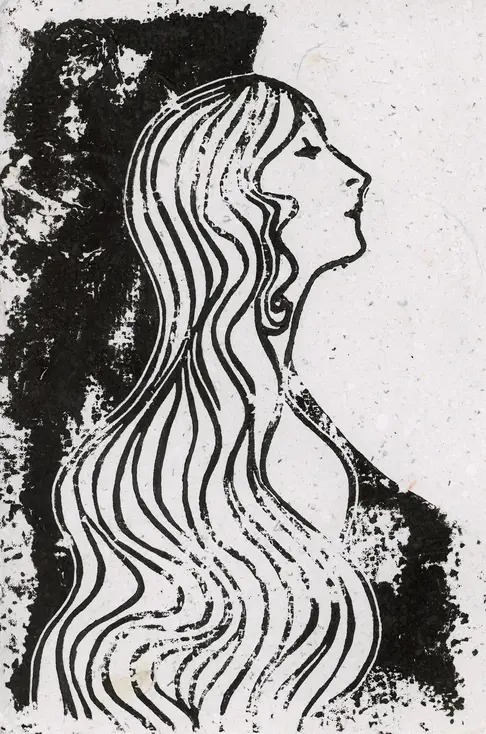 Portrait femme profil lune noir et blanc cheveux long