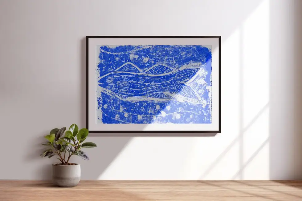 Tableau estampe poisson bleu