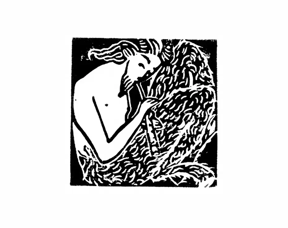 Linogravure noir et blanc faune qui joue de la flute, créature magique, bouc, musicien, folklore, pan, mythologie, le monde de narnia, illustration fantastique