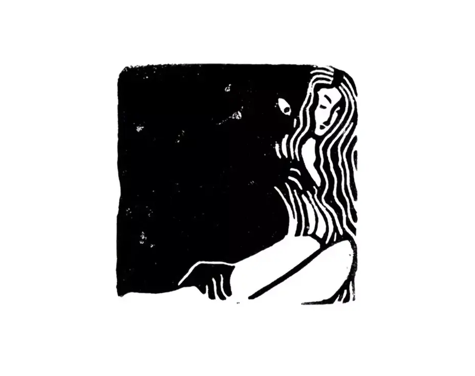 linogravure carré noir et blanc, femme, sombre, créature, diable, manipulation, noirceur, entité, emprise