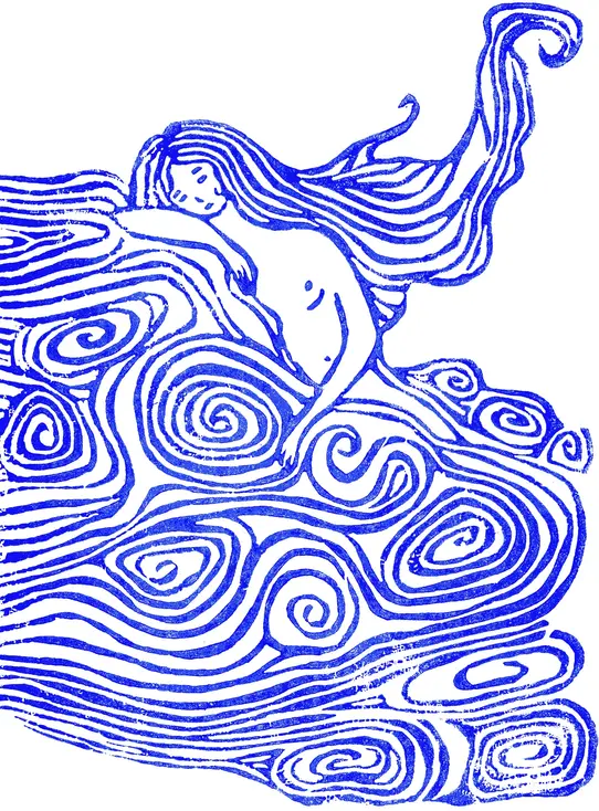 Portrait femme cheveux bouclé ondulé arabesque bleu nuage