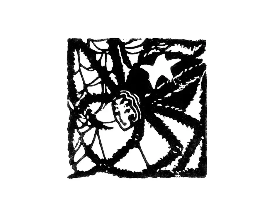 linogravure carré noir et blanc, femme, araignée, hybride, toile, étoile, monstre, créature, arachné, veuve noire