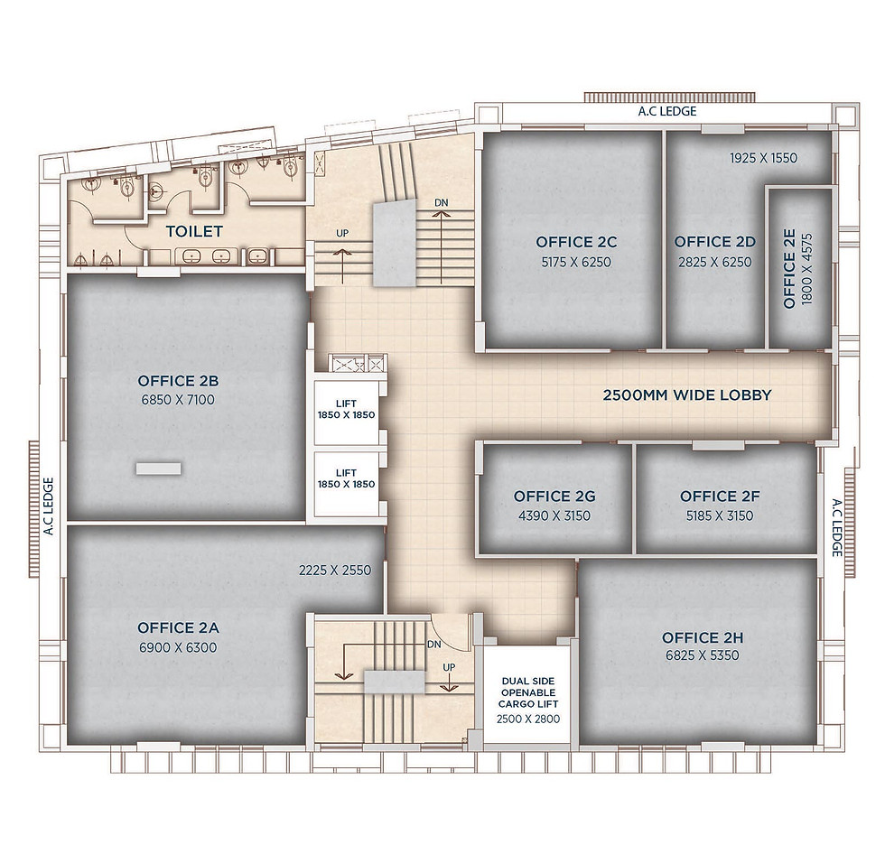 West Walk 2nd floor plan showing office units, lobby, lifts, and restroom layout