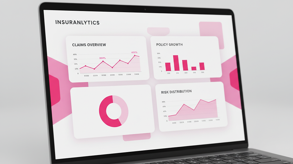 Close-up view of a laptop screen showing insurance analytics dashboard with charts and graphs