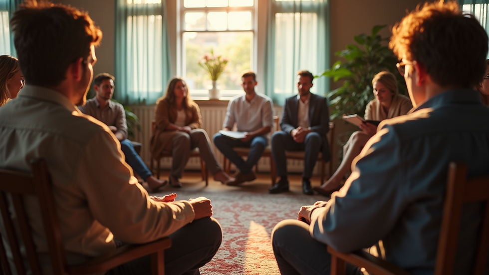 Eye-level view of a community group sitting in a circle during a fellowship meeting