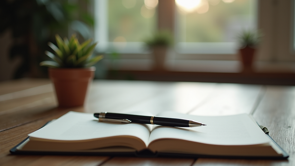 Eye-level view of a wooden table with an open notebook and pen