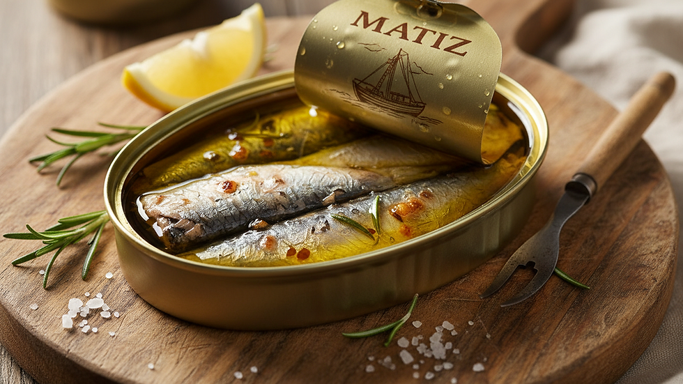 Close-up view of a can of Matiz sardines showing the texture and oil