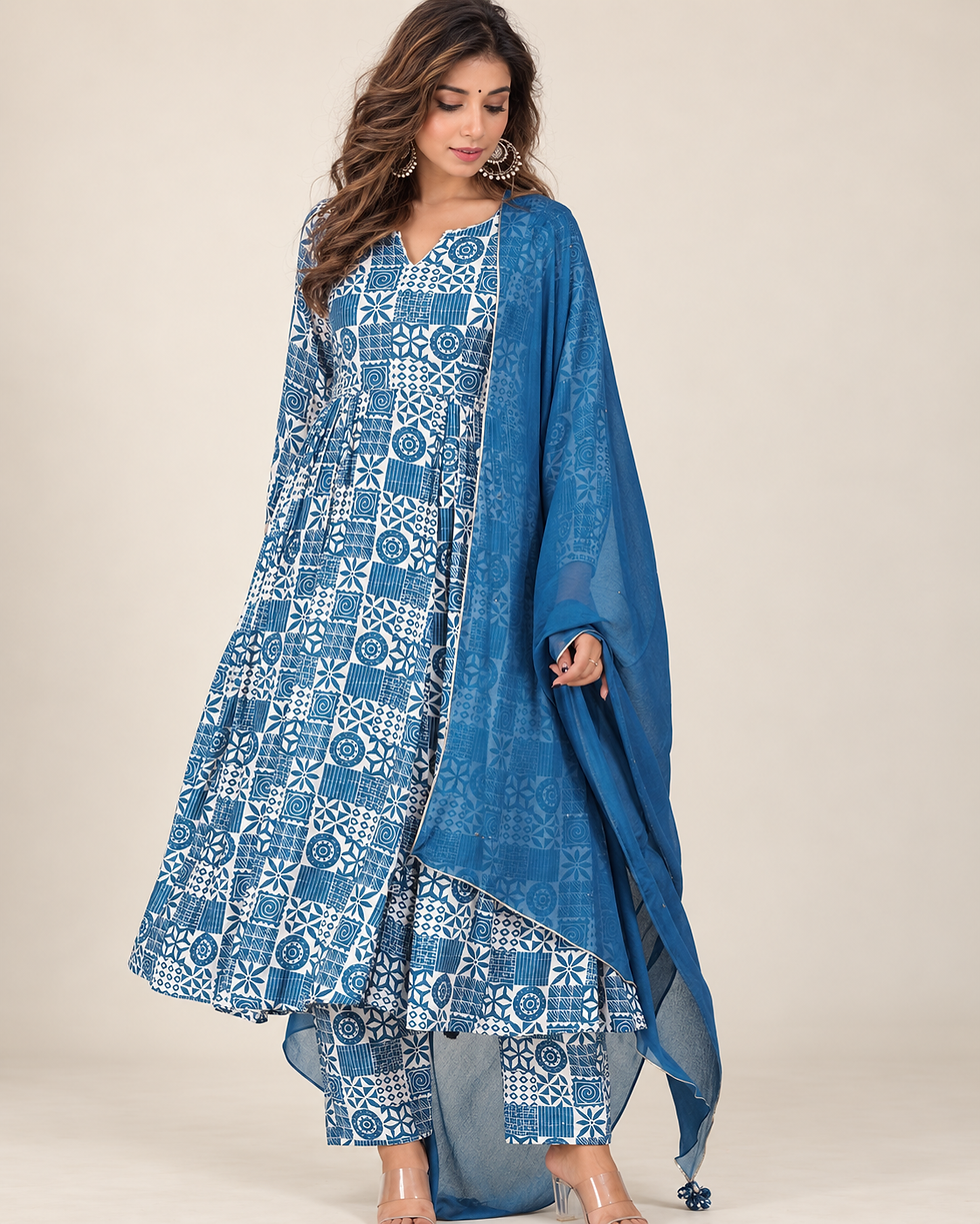 Thumbnail: Blue Side Gather Anarkali Suit Set