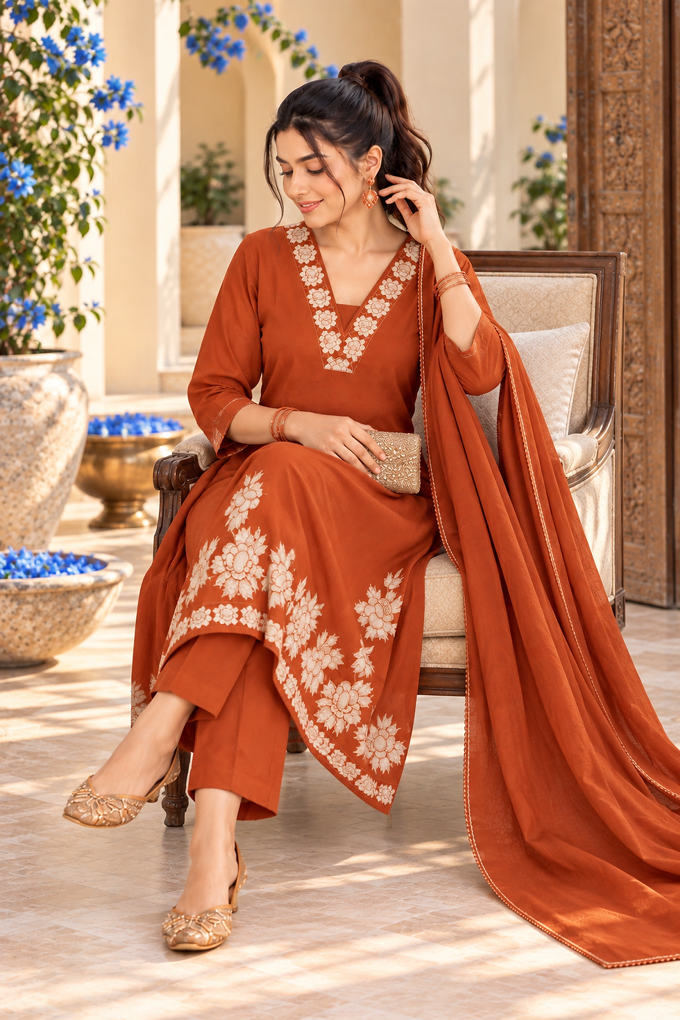 Thumbnail: Sira Rust Floral Embroidered Kurta Set