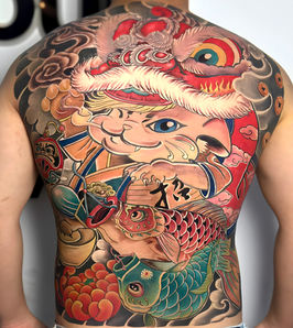 Large full-back tattoo with Japanese-style art and koi fish