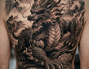 Large black and gray dragon tattoo on a full back