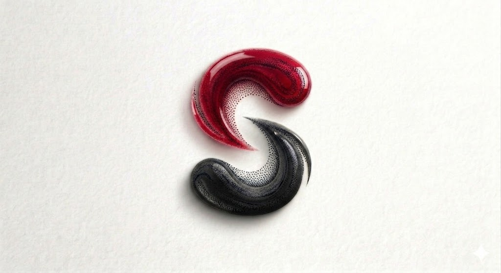 Stylized letter S logo with red and black paint strokes