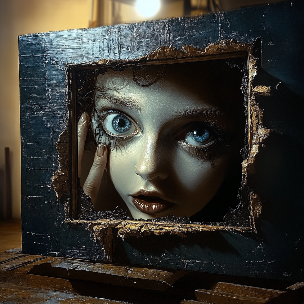 A close-up of a face with wide eyes pressed into a small square opening in a worn, dark wooden surface, with one finger touching the cheek inside the frame.