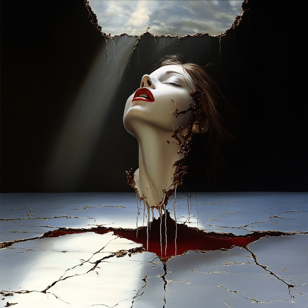 A head with closed eyes rises through a cracked surface illuminated by a beam of light, with dark space above and fissures spreading outward below.