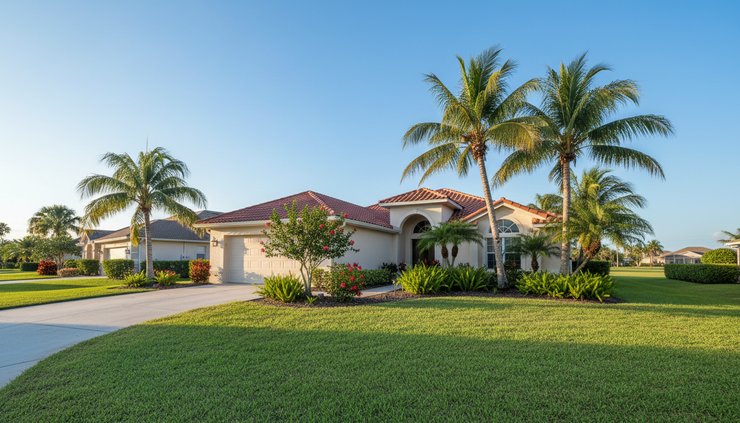 Wide-angle view of a single family home with a garden and garage.