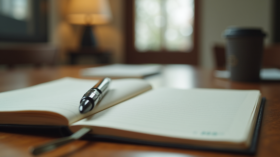 Close-up view of a journal and pen on a wooden table