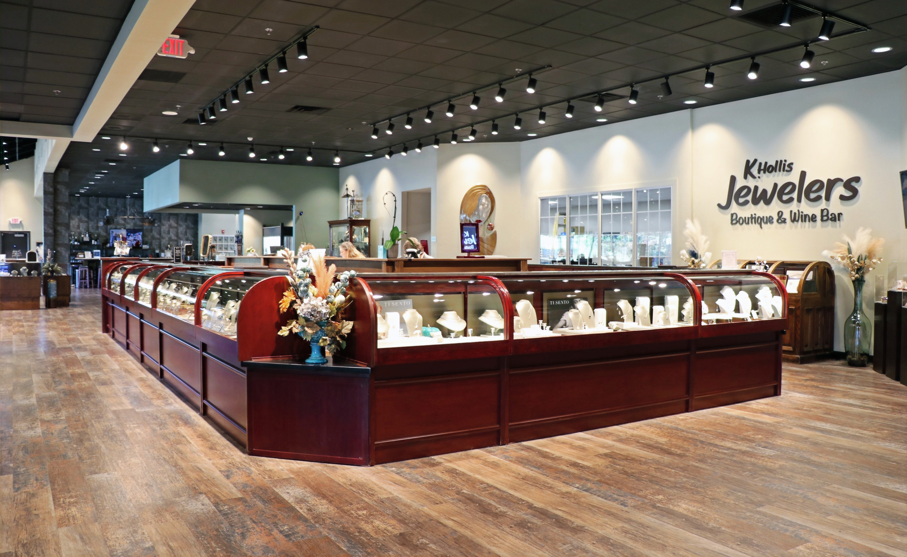 Jewelry cases filled with jewelry inside K. Hollis Jewelers located in Batavia, IL.