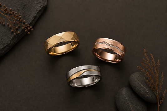 A finished custom engagement ring next to its wax mold and sketches
