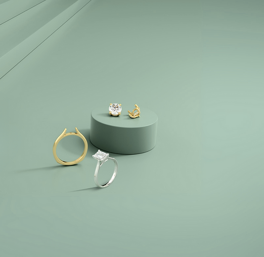 Cathedral engagement ring setting and mounting in white and yellow gold