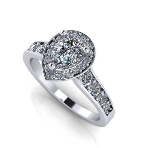 Pear-shaped halo engagement ring with a center pear-cut diamond surrounded by a halo of smaller diamonds and a diamond-accented band in white gold.