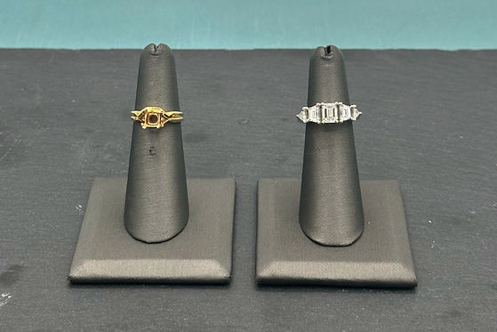 Original engagement ring and wedding band beside the redesigned ring featuring the customer’s stones.
