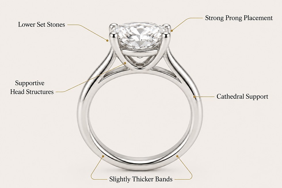 Engagement ring highlighting durable design features including cathedral support, lower-set diamond, and thicker band.