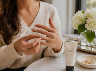 Woman removing her diamond engagement ring to apply hand lotion.