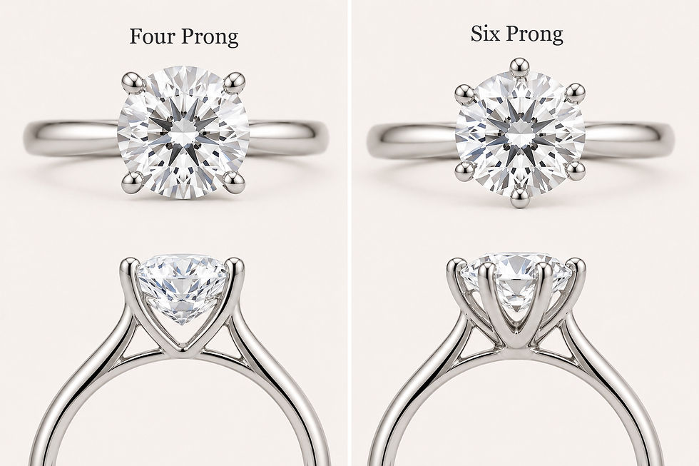 Comparison of a four-prong and six-prong engagement ring setting with round center diamonds.