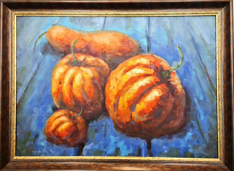 Thumbnail: Original oil painting on canvas "Pumpkins on the floor"