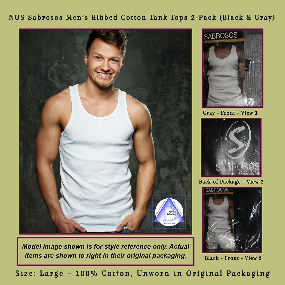 Male model wearing Vintage White Sabrosos tank top. The tank tops are (1) black, (1) gray, shown: original package.