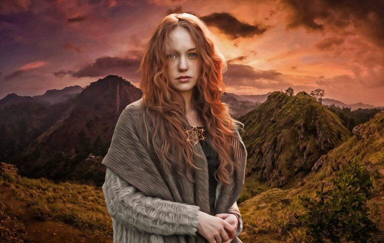 Red-haired woman with a shawl stands in a mountainous landscape at sunset, wearing a star necklace. The scene is dramatic and serene.
