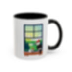 White ceramic coffee mug, a black interior, and a playful side-eyed woodpecker design.