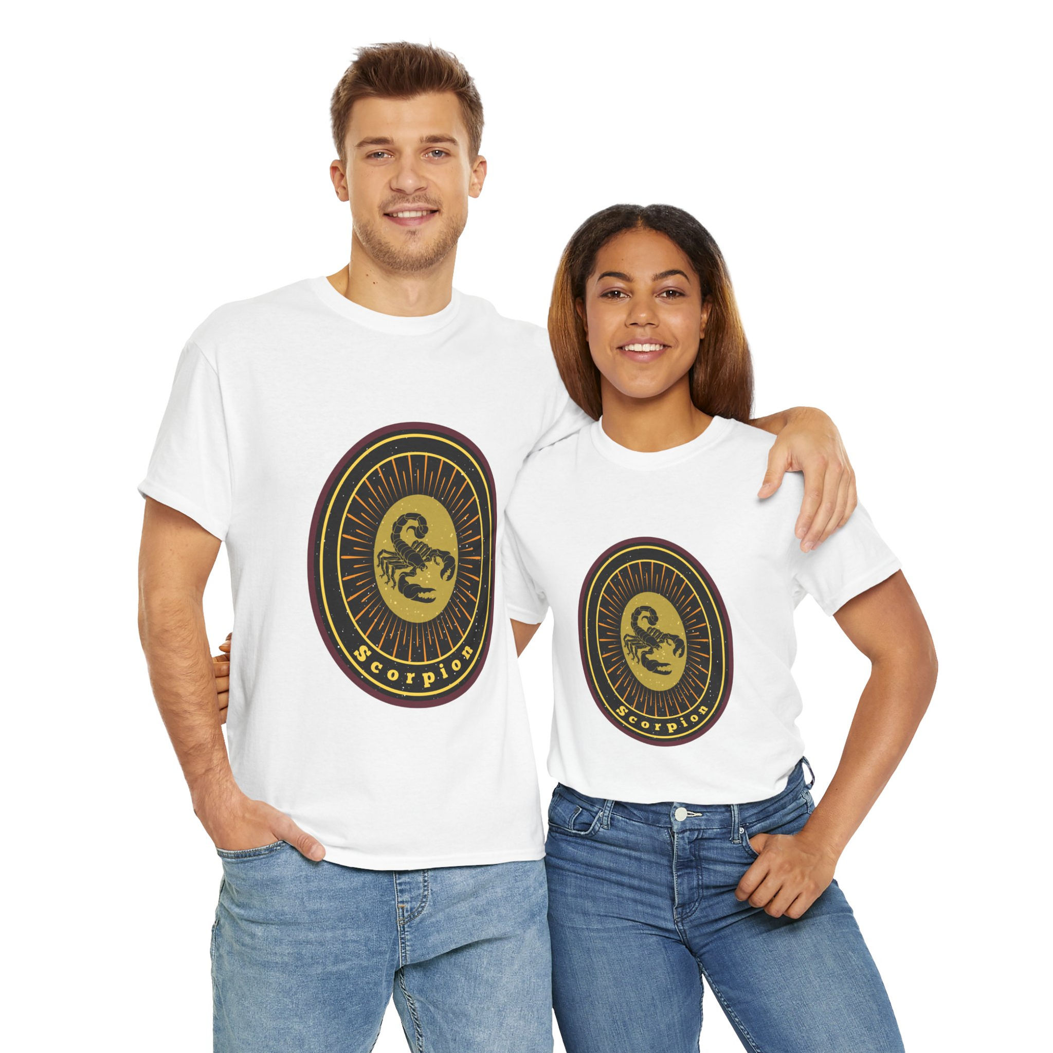 A Lady and Man wearing a White Scorpio Zodiac T-Shirt - The Soul Transformer - Front View