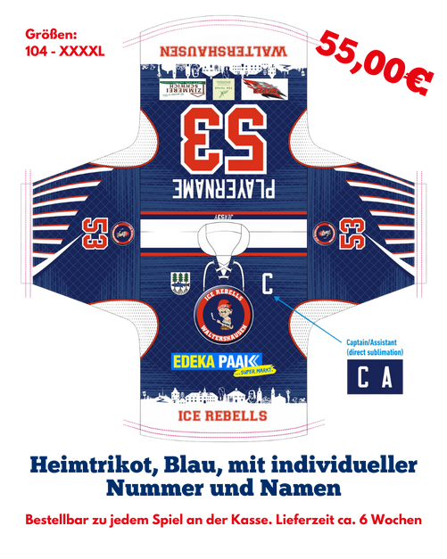 Heimtrikot Blau Ice Rebells, Blau, mit individueller Nummer und Name für 55,00€